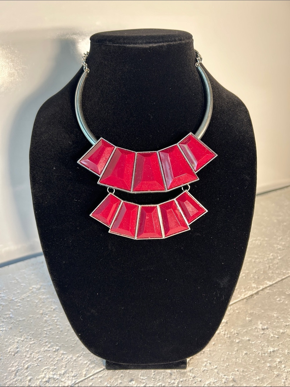 Wine Red Geometric Statement Necklace Silver Tone Metal Minimalist Retro